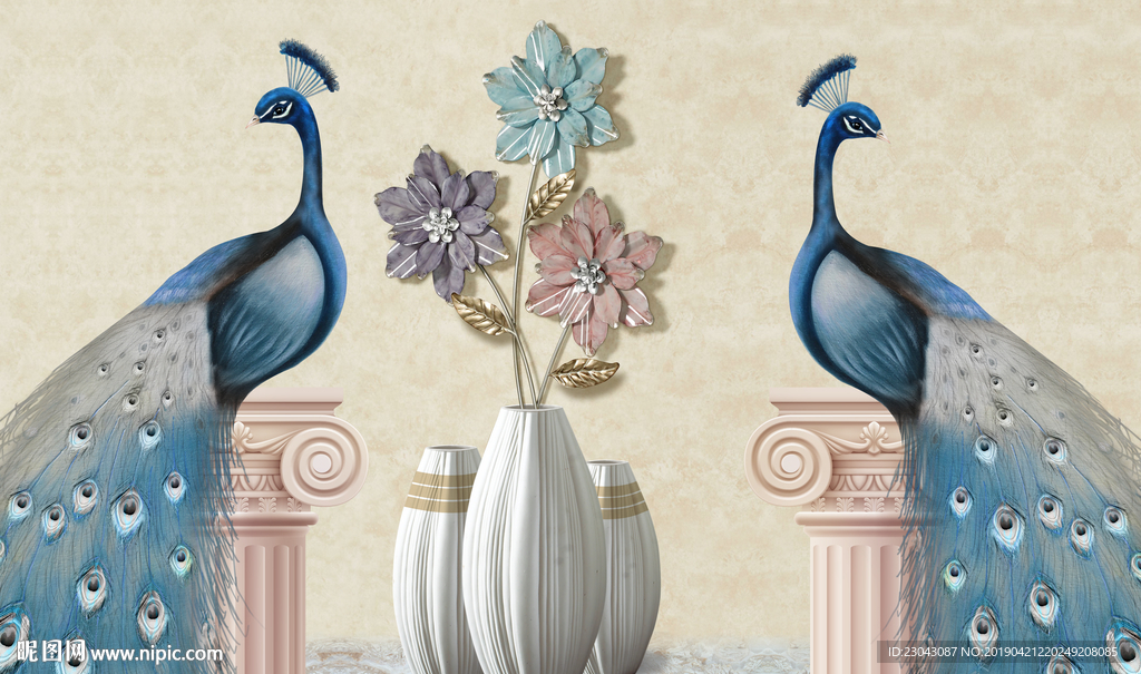 新中式花瓶孔雀珠宝花背景墙