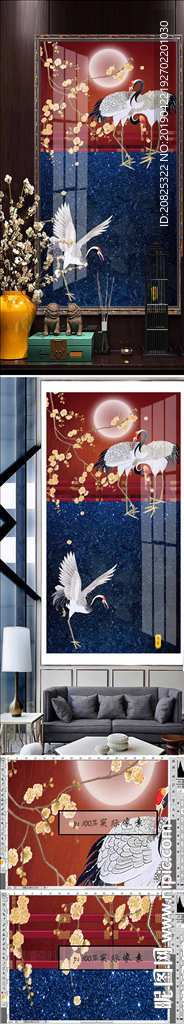 新中式古典建筑仙鹤梅花装饰画