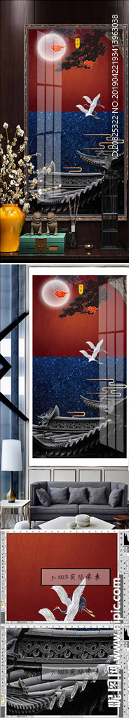 新中式古典建筑梅花仙鹤松树装