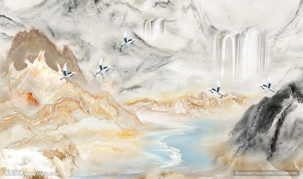 新中式海纳百川大理石山水背景墙