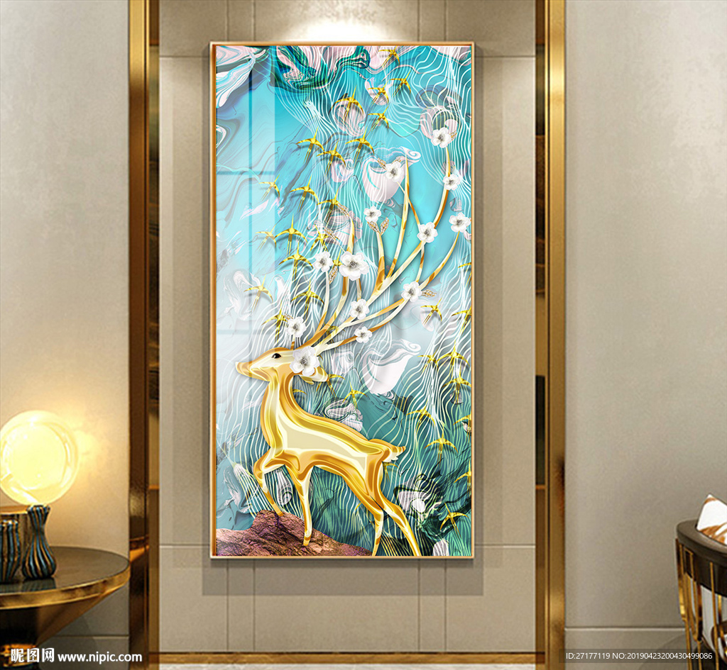 新中式抽象富贵麋鹿飞鸟装饰画