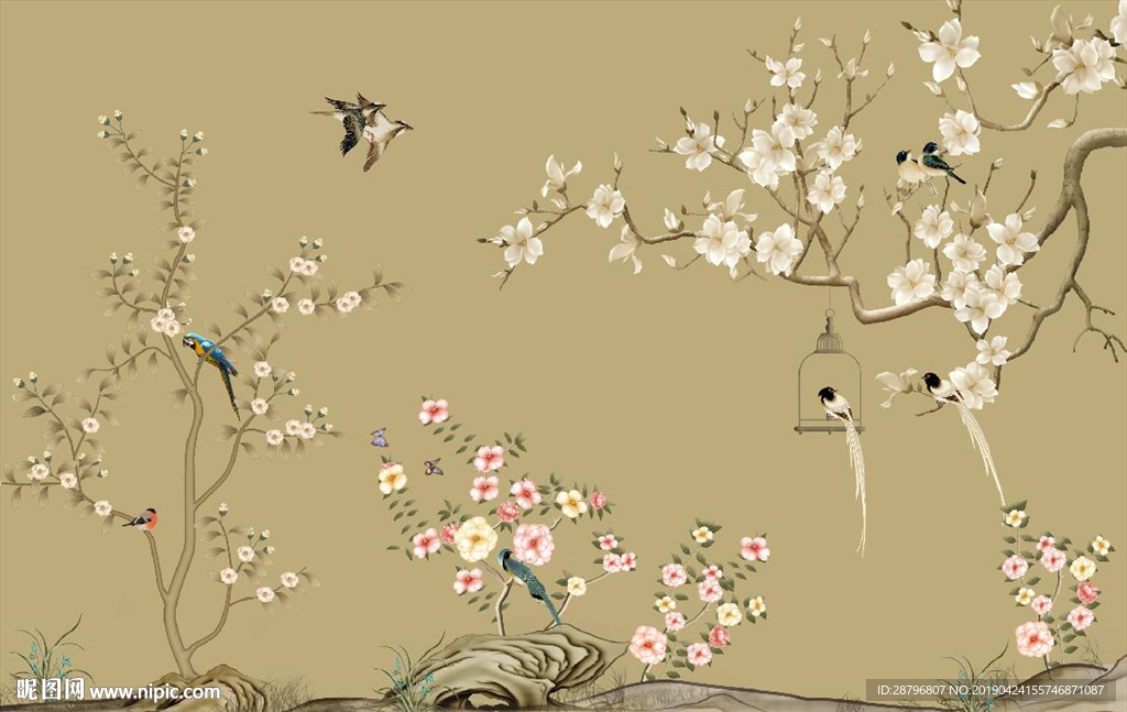 新中式手绘花鸟壁画图片