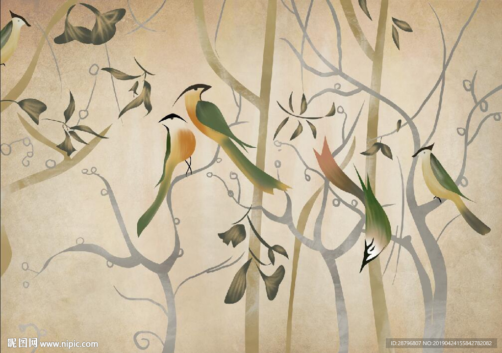 新中式手绘花鸟壁画图片