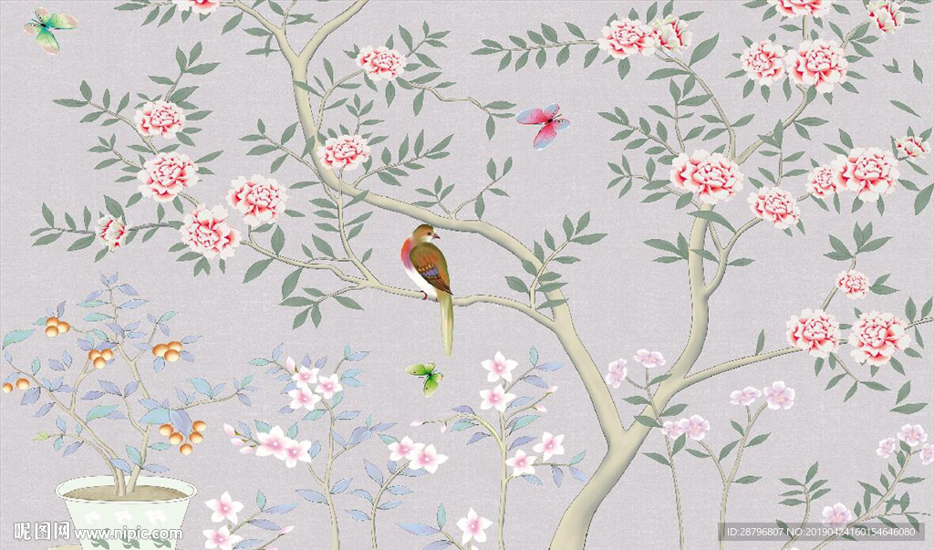 新中式手绘花鸟壁画图片