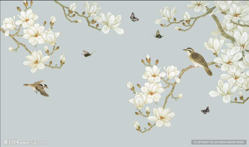 新中式手绘花鸟壁画图片