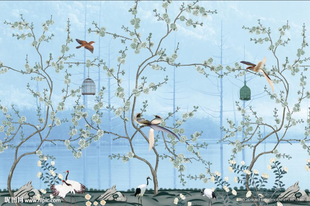 新中式手绘花鸟壁画图片