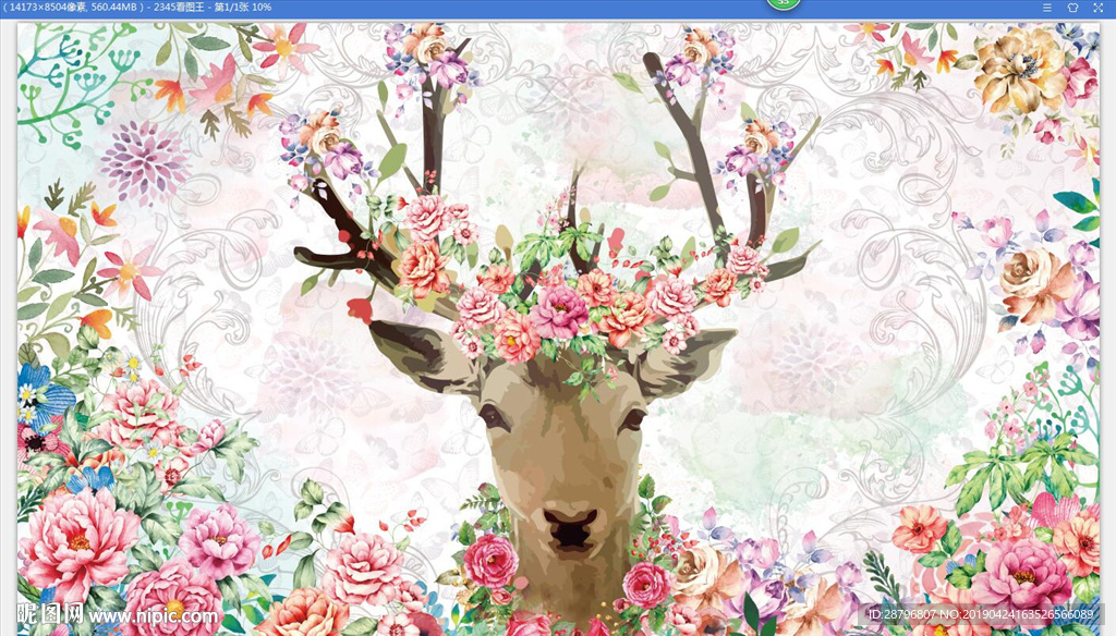 手绘麋鹿鲜花背景墙图片