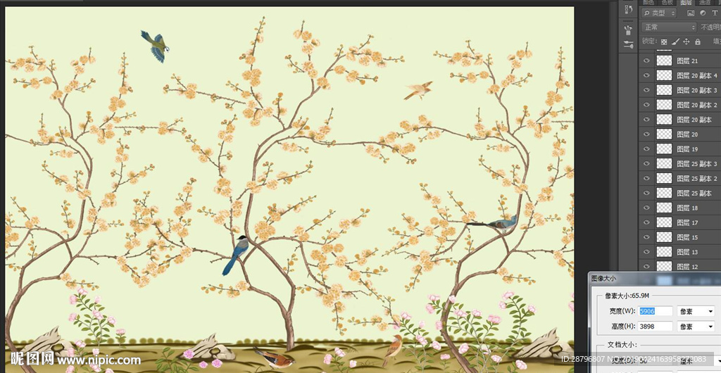 中式手绘花鸟电视背景墙图