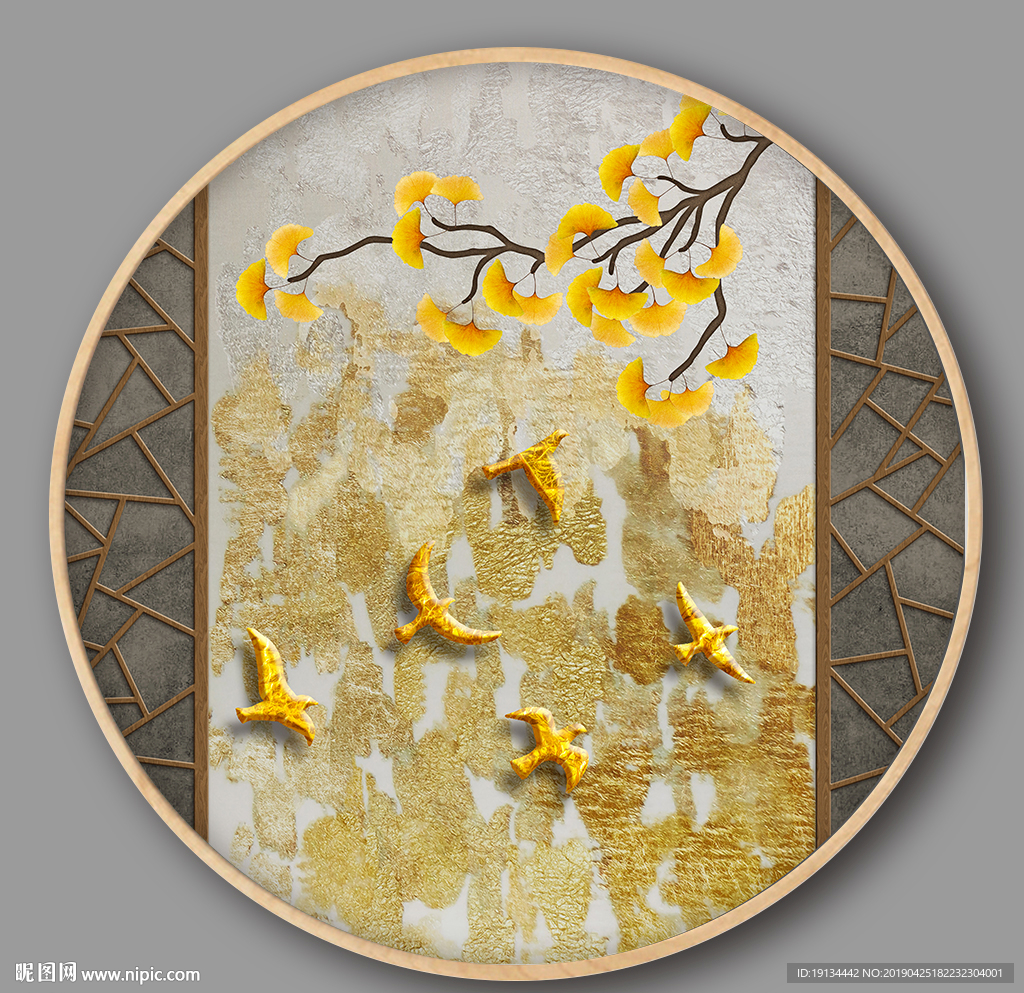 金色银杏叶庭院古风装饰画