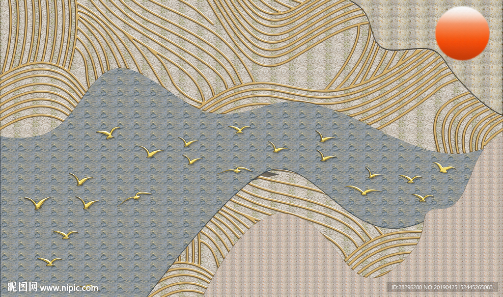 新中式线条意境飞鸟国画客厅背景