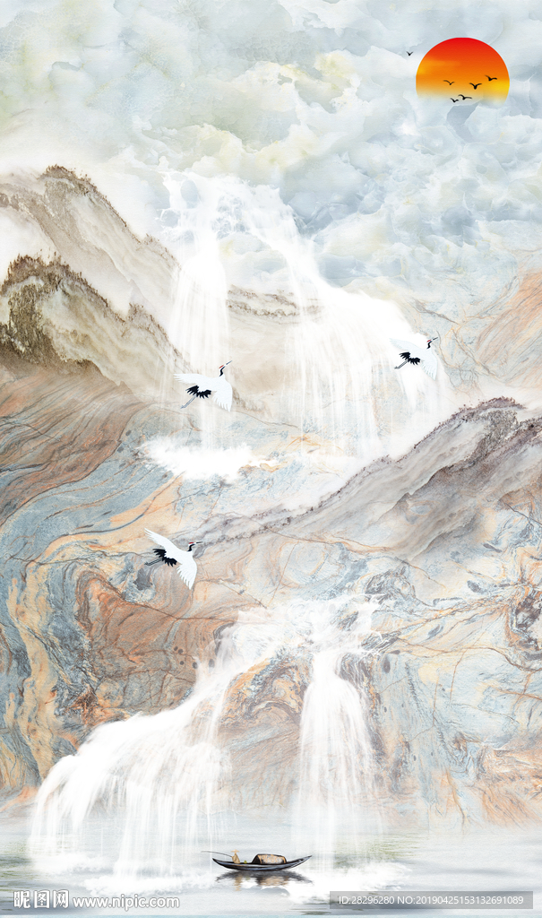 高山流水大理石纹国画玄关背景墙