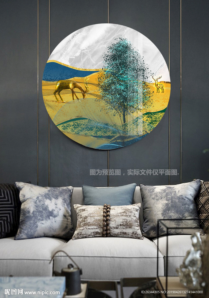 圆形麋鹿发财树装饰画