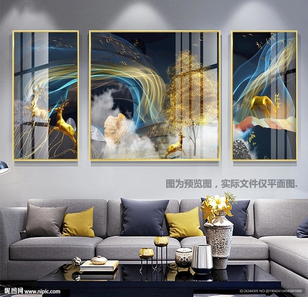 线条发财树新中式装饰画