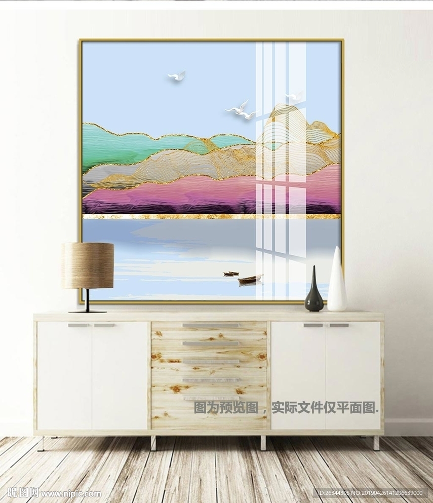 抽象山水小船装饰画