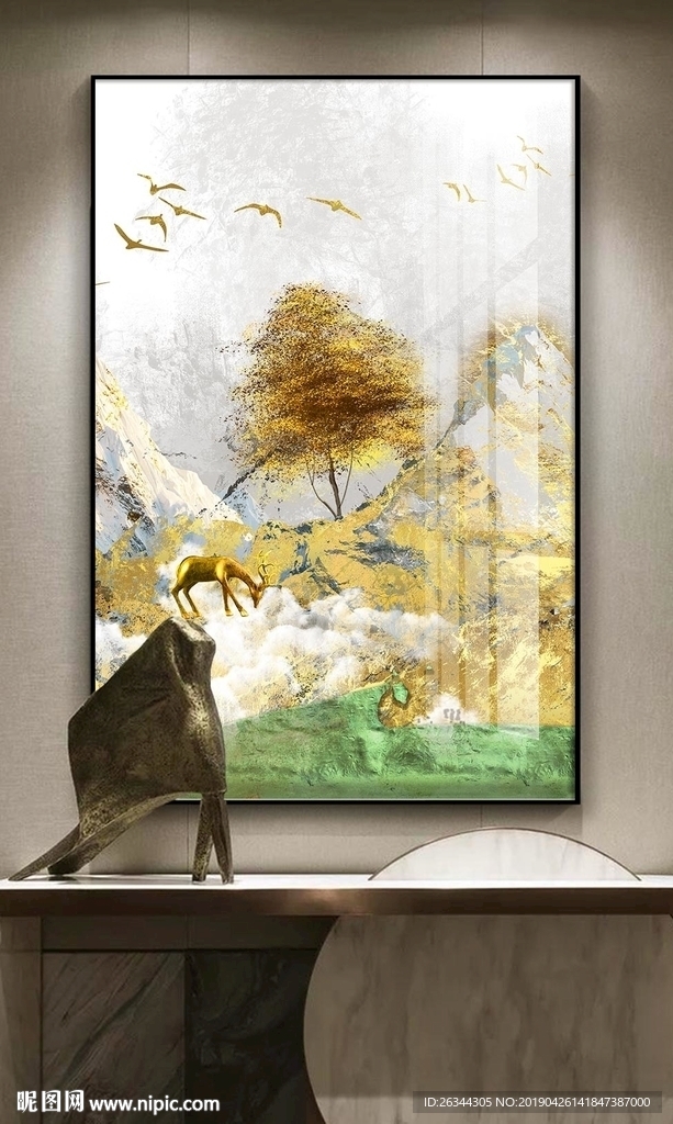 山水风景金箔发财树装饰画