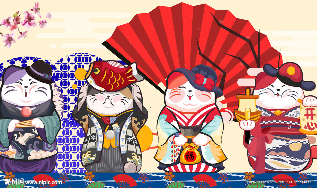 日本招财猫卡通背景墙