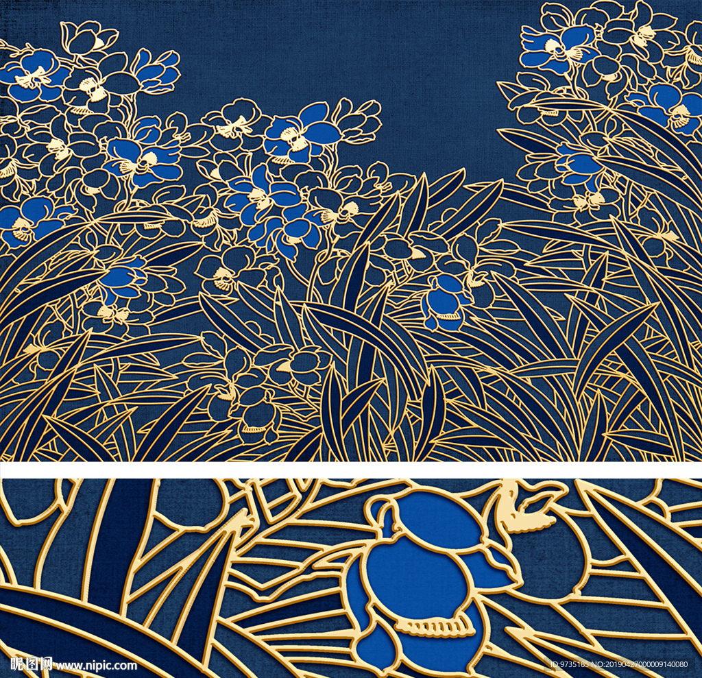 轻奢新中式金箔线水仙花装饰背景