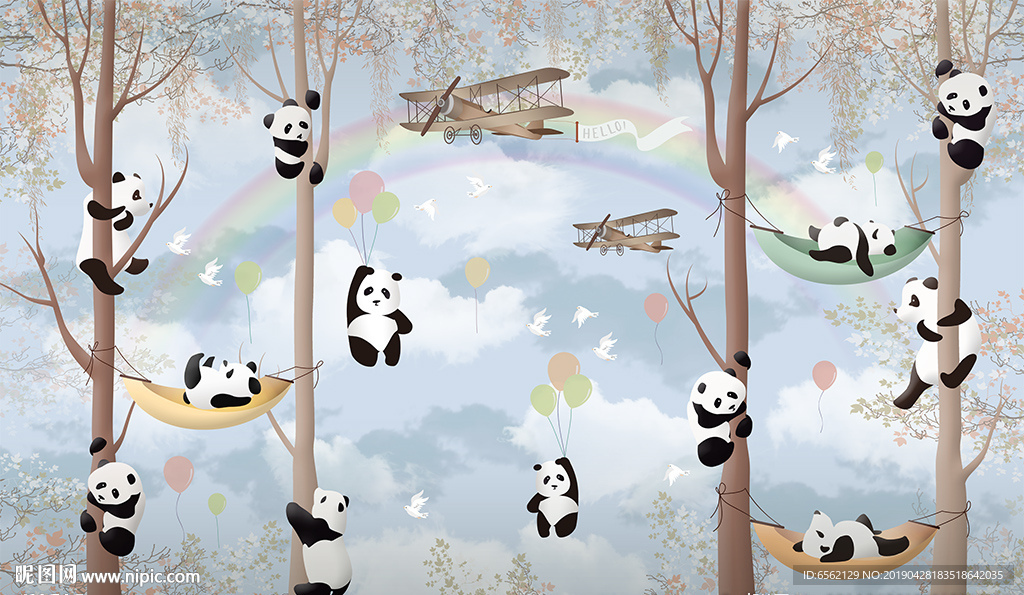 卡通熊猫飞机背景墙