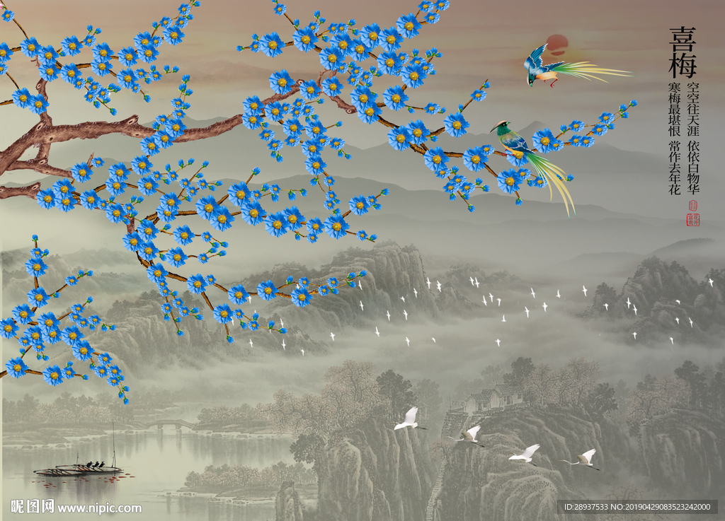 原创梅花喜鹊喜梅背景墙