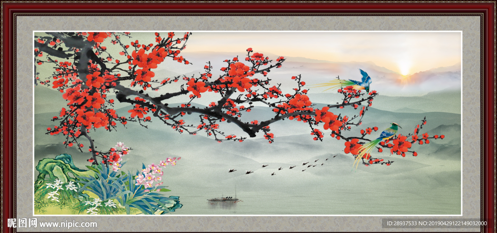 原创梅花喜鹊喜梅山水装饰画