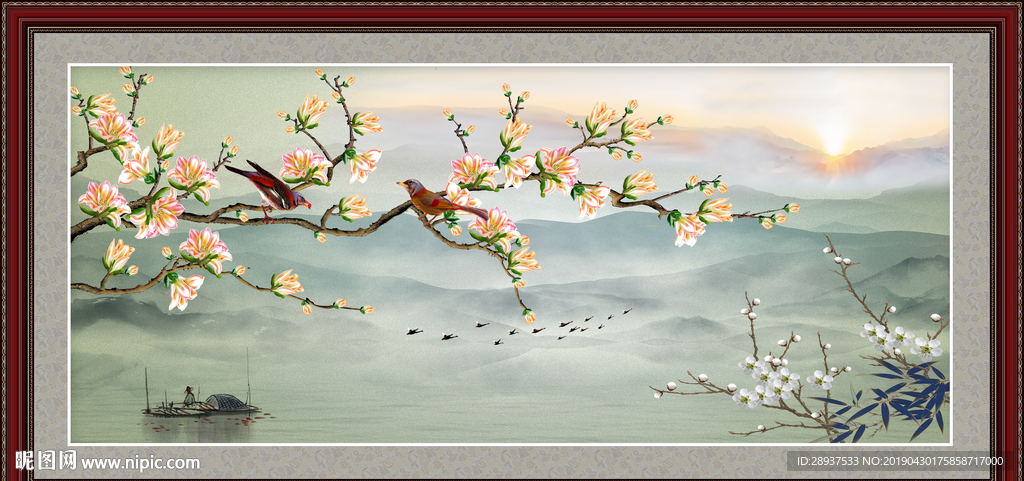 原创玉兰花鸟梅花装饰画