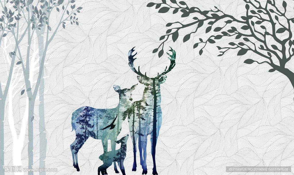 北欧玄幻深林麋鹿背景墙
