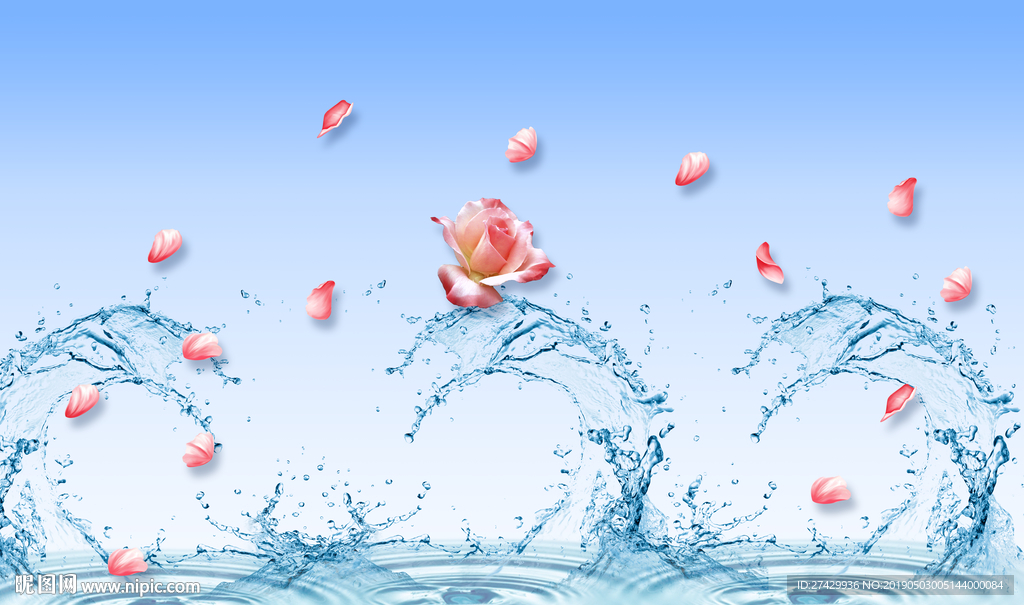玫瑰花瓣水波纹立体背景墙壁画