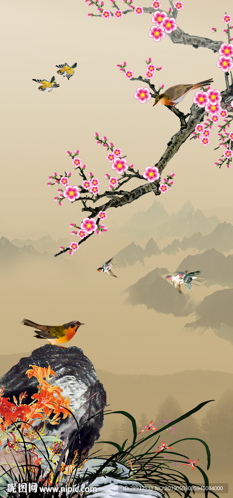 原创玄关手绘梅花花鸟装饰画壁画