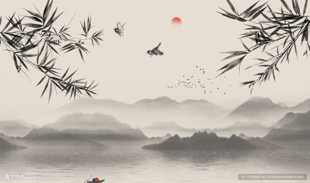 新中式水墨山水竹子壁纸背景墙