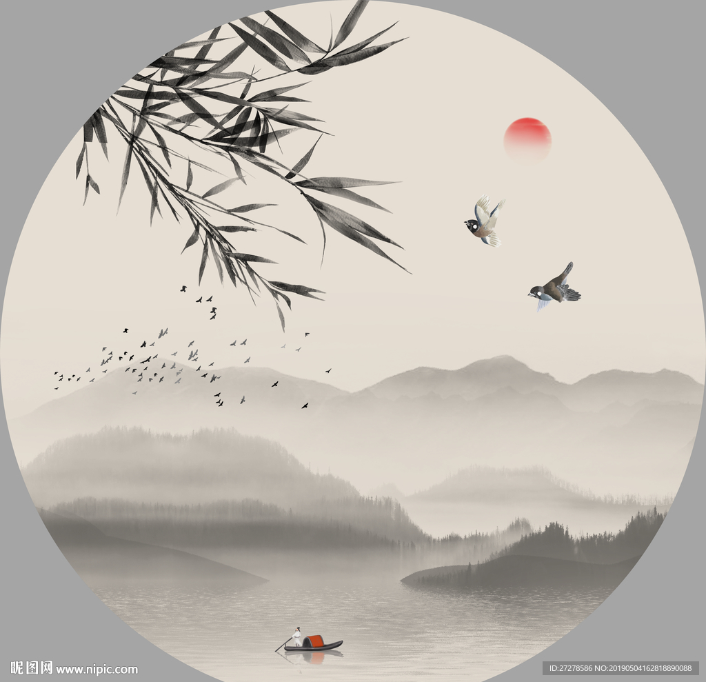 禅意水墨山水竹子