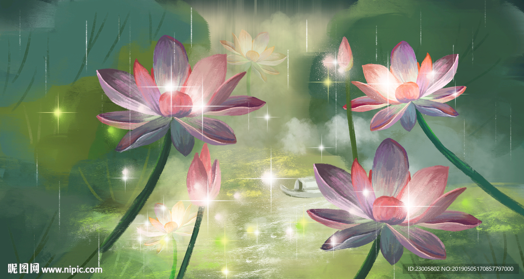 手绘夏夜唯美荷花治愈系插画