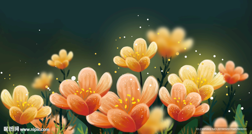 手绘夏夜唯美花卉治愈系插画