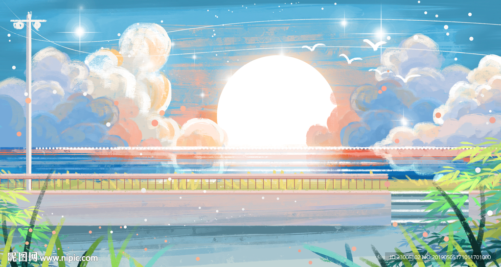 日系清新海边朝阳插画