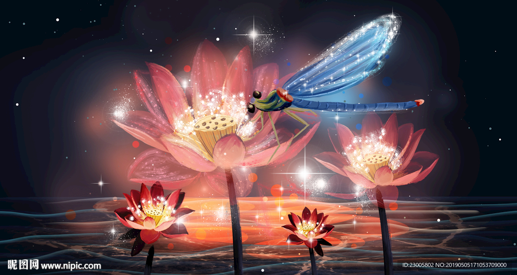 夏夜荷花璀璨手绘海报