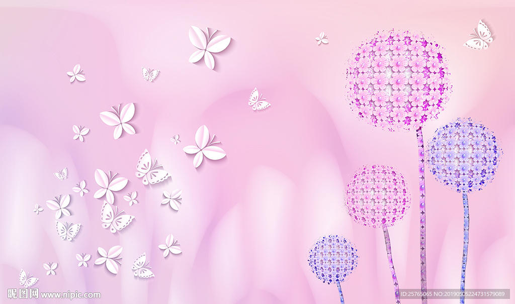 梦幻花卉简约蝴蝶电视背景墙