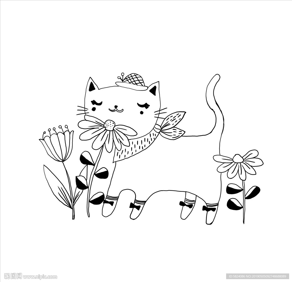 黑白手绘卡通动物猫图案