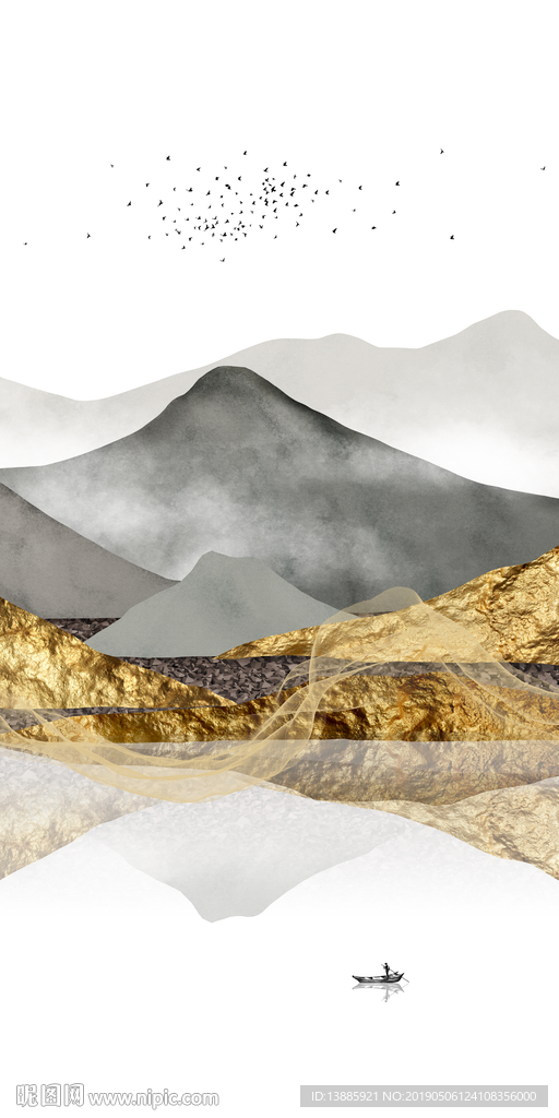 新中式意境水墨山水金色客厅装饰