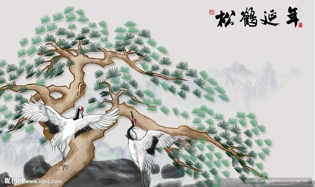 松鹤延年仙鹤山水背景墙
