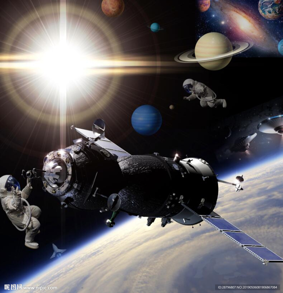 宇宙太空中的飞船和发光星球