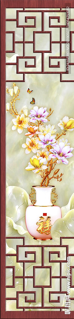 中式玉兰浮雕花瓶玉雕花窗隔断