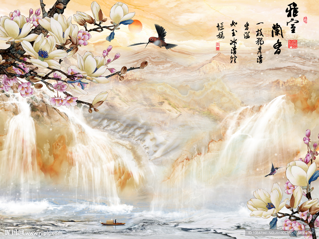 山水大理石花鸟背景墙