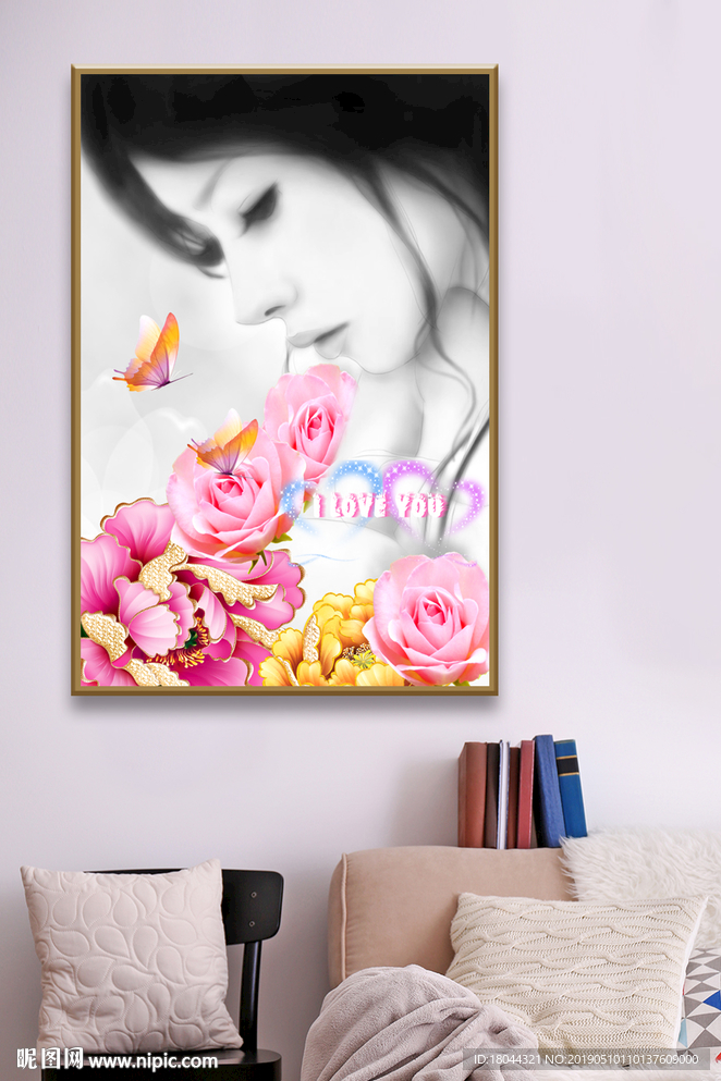 美女玫瑰花朵卧室装饰画