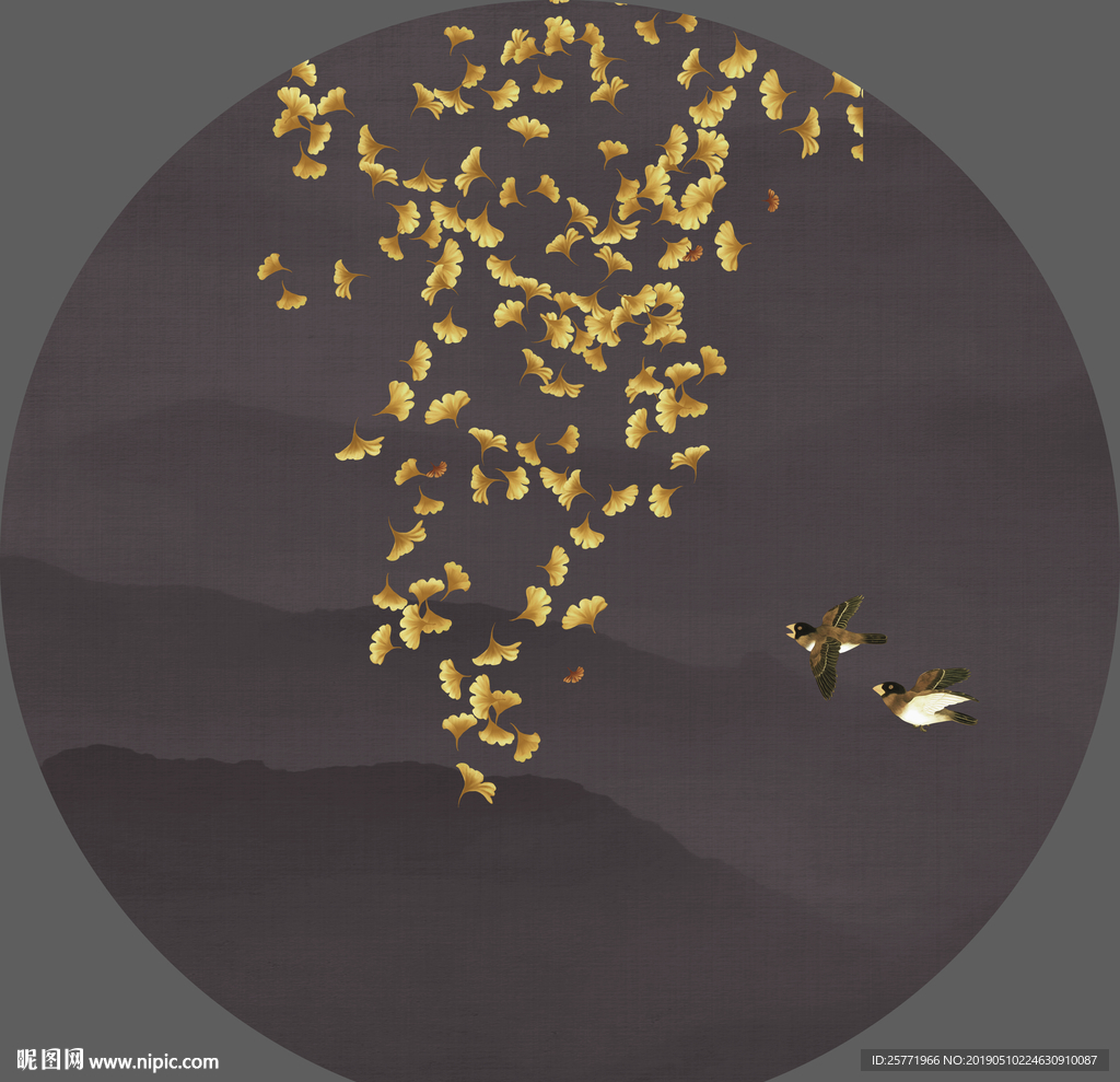 家和富贵银杏叶圆形玄关装饰画