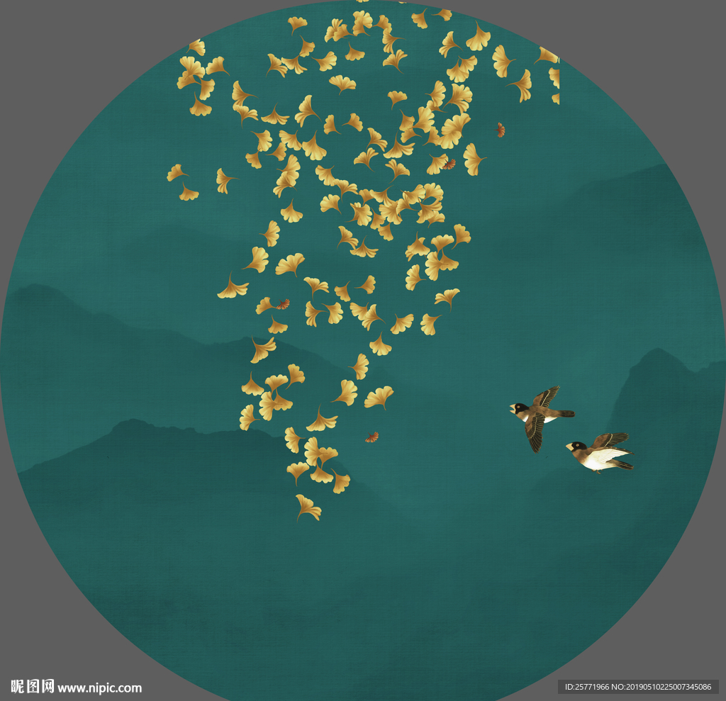 手绘银杏叶花鸟圆形玄关装饰画