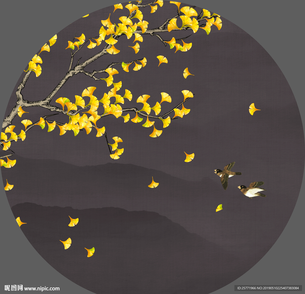 手绘银杏叶花鸟圆形玄关装饰画