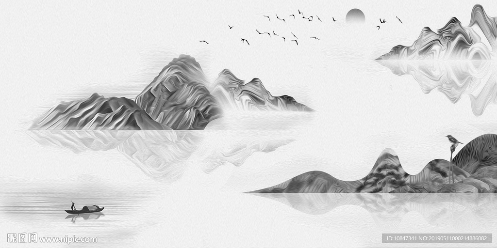 中式灰色山水画背景墙