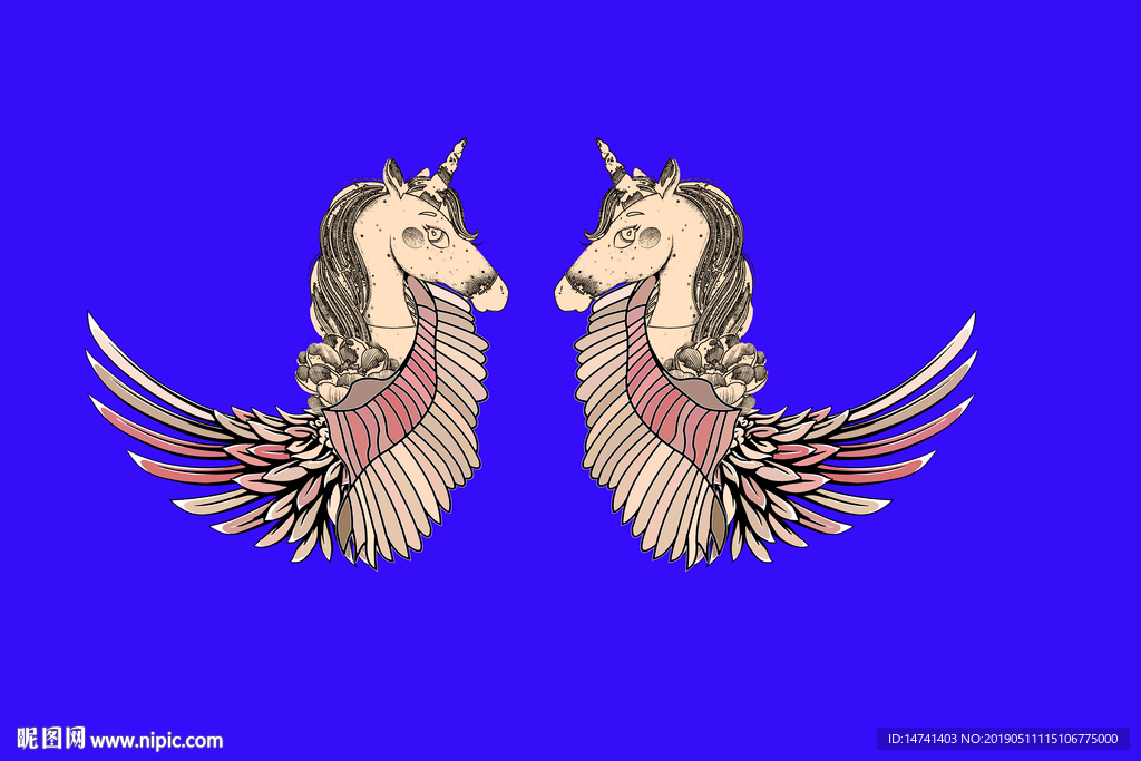 对称飞羽独角兽印花图案设计