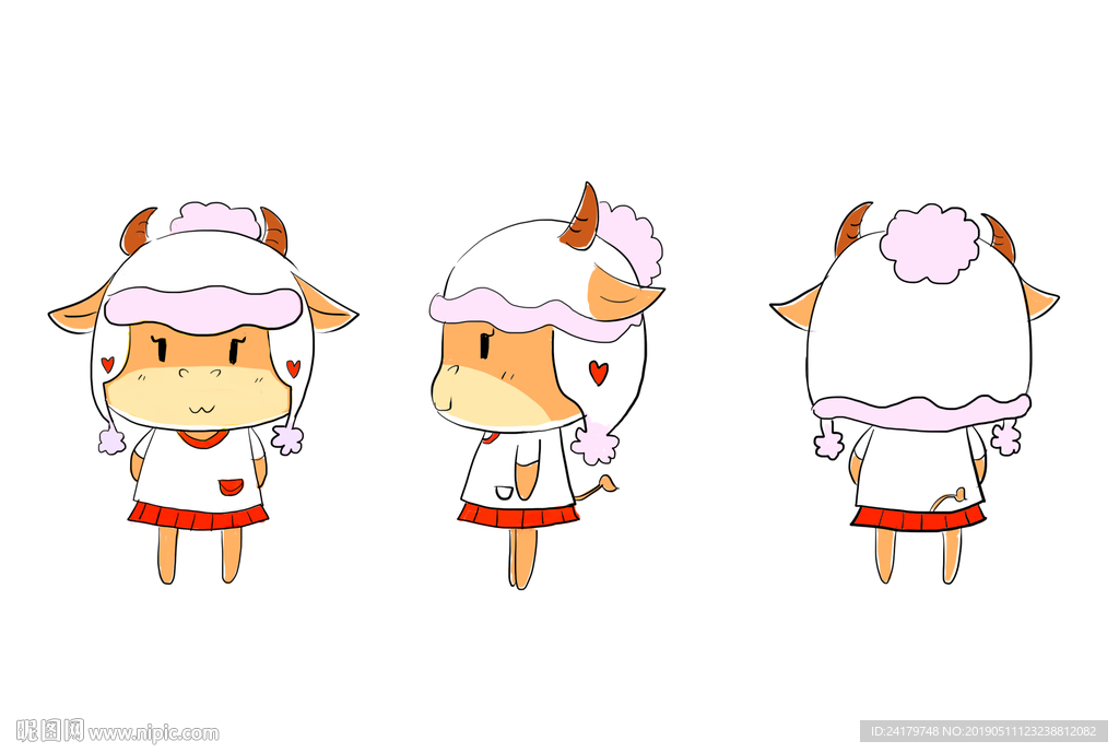 手绘牛牛卡通三视图吉祥物设计