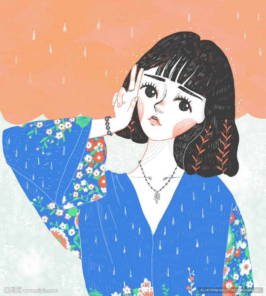 手绘特色和服萌妹子漫画卡通插画