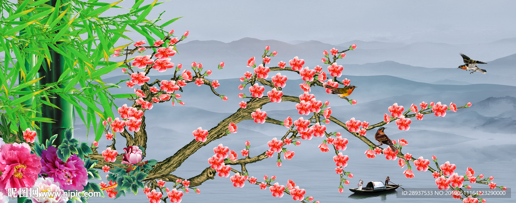 手绘梅花竹子家和富贵背景墙壁画